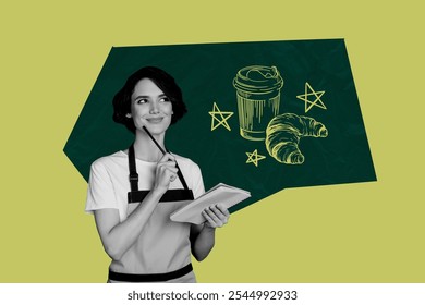 Composite photo collage of happy girl hold notepad pen take order cafe croissant coffee cup drawing food isolated on painted background - Powered by Shutterstock