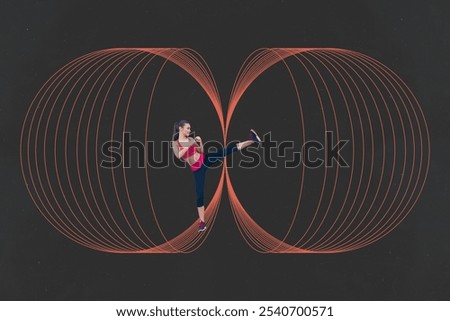 Similar – Close up side view profile portrait of one young middle age athletic woman shadow boxing in sportswear in gym over dark background, looking away