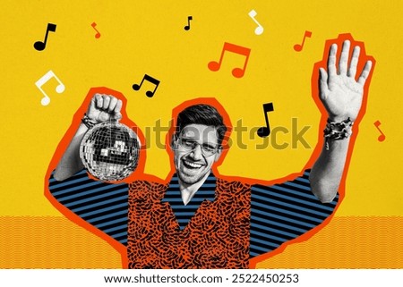 Composite photo collage of happy guy hold disco ball club occasion dance weekend party discotheque isolated on painted background