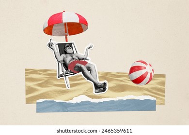 Composite photo collage of happy old man lie beach lounger umbrella drink coconut cocktail enjoy vacation isolated on painted background - Powered by Shutterstock