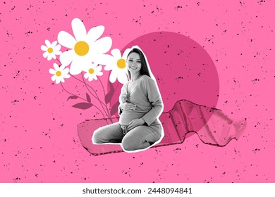 Composite photo collage of happy pregnant girl sit touch belly receive flowers chamomile congratulations mother day isolated on painted background - Powered by Shutterstock