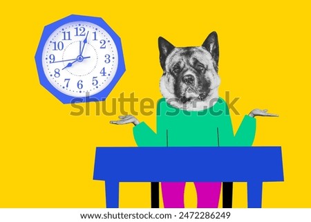 Composite photo collage of human instead head dog mask sit table watch dial deadline concept time management isolated on painted background