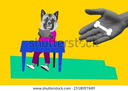 Composite photo collage of human instead head dog mask sit table library read book leisure hand offer bone isolated on painted background