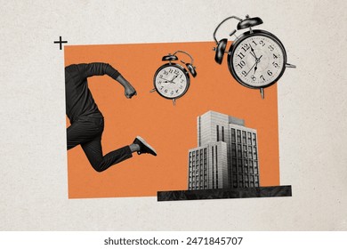 Composite photo collage of man run alarm clock deadline punctuality late office building business deal isolated on painted background