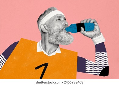 Composite photo collage of old man drink water bottle sportsman athlete activity leader thirst cardio sport isolated on painted background - Powered by Shutterstock