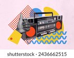 Composite photo collage of old retro boombox player music hand show thumb like recommend vintage sound isolated on painted background