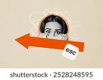 Composite photo collage of panic scared girl hide collar arrow point escape fired staff dismissal problem isolated on painted background