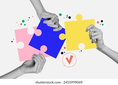Composite photo collage of people hand match together puzzles game team building business colleagues isolated on painted background