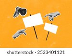 Composite photo collage of people hands show picket protester banner megaphone agitation rebellion rights isolated on painted background