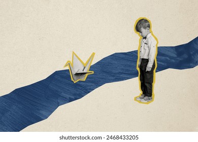 Composite photo collage of sad small boy look paper origami swan swim river summer lonely hobby holiday isolated on painted background