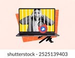 Composite photo collage of scared panic girl inside laptop device jail hostage addicted concept cyberattack isolated on painted background