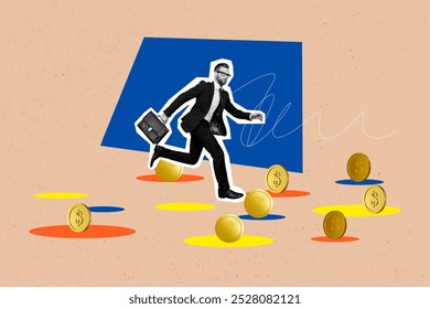 Composite photo collage of serious businessman run coin income usd currency earnings development success isolated on painted background - Powered by Shutterstock