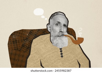 Composite photo collage of serious old man pensioner sit armchair smoke pipe steam addiction harmful hobby isolated on painted background