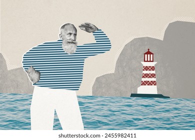 Composite photo collage of serious old man sailor wear uniform look out sea lighthouse signal sos problem isolated on painted background - Powered by Shutterstock