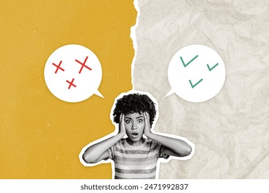 Composite photo collage of shocked american girl make decision green red side option cross check mark cloud isolated on painted background - Powered by Shutterstock