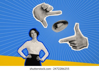 Composite photo collage of smile businesswoman model pose hands camera gesture focus image human eyeball isolated on painted background - Powered by Shutterstock