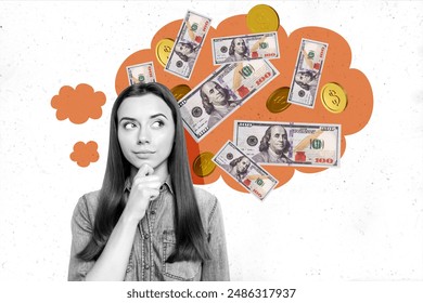 Composite photo collage of thoughtful girl think business idea money income coin banknotes earnings success isolated on painted background - Powered by Shutterstock