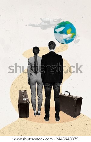 Composite photo collage trend image of black white silhouette couple man lady businesspeople choose way stand at suitcase look to earth