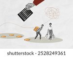 Composite photo collage of two business partners girl guy hand hold calculator penny income bags shopping isolated on painted background