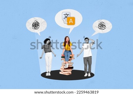 Composite photo collage of two couple student trying understand each other no idea dont know language translator help isolated on blue background