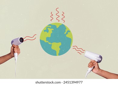 Composite photo collage of two hands hold hairdryer heat planet earth melt global warming crisis disaster isolated on painted background