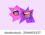 Composite photo collage of two happy faceless mouth sing music note treble clef symbol karaoke weekend isolated on painted background