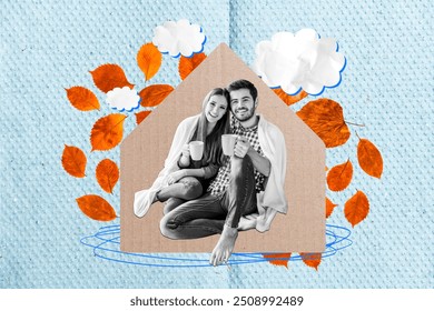 Composite photo collage of two happy girl guy cuddle cover blanket sit home hold coffee cup autumn foliage isolated on painted background - Powered by Shutterstock