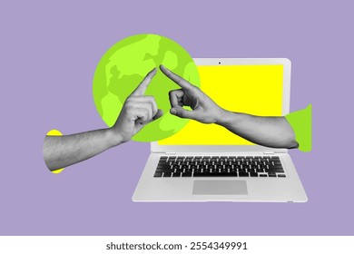 Composite photo collage of two index fingers reach together globe laptop distance video call meeting isolated on painted background - Powered by Shutterstock