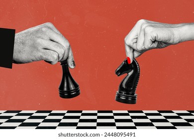 Composite photo collage of two players hold chess board game hobby tactic horse queen championship leisure isolated on painted background