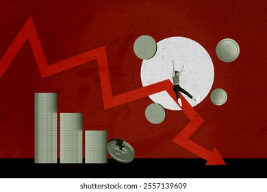 Composite photo collage of unhappy girl sit arrow recession coin usd crack inflation economy crisis fall isolated on painted background - Powered by Shutterstock