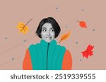 Composite photo collage of upset girl bite lips cold windy weather cyclone autumn forecast dry leaves isolated on painted background