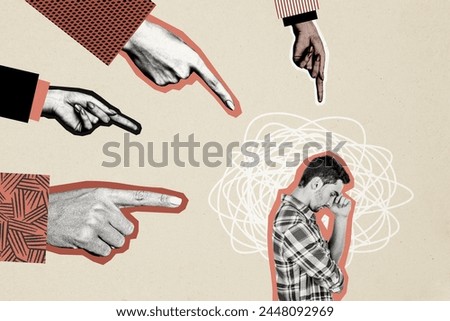 Composite photo collage of upset man stand out hand point index gesture blame hate bullying stereotype isolated on painted background