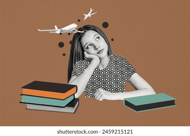 Composite photo collage of upset tired teenage girl sit dream vacation rest book stack homework school isolated on painted background - Powered by Shutterstock