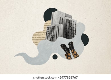 Composite photo collage of urban city flat building company legs wear formal suit shoes business center isolated on painted background