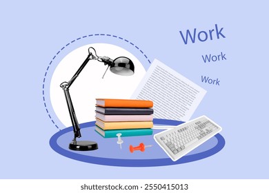 Composite photo collage of workplace office tool led light lamp book stack education paper sheet page keypad isolated on painted background - Powered by Shutterstock