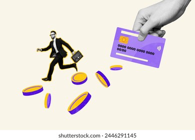 Composite photo collage of young businessman run coins pour hand hold credit card chip nfc income isolated on painted background - Powered by Shutterstock