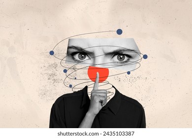 Composite photo collage of young girl without head caricature swirl eyes frown hand gesture silence shh mute isolated on painted background