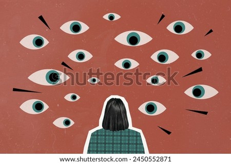 Composite photo collage of young girl stand back creepy pile eyes spy stare stalker observe privacy isolated on painted background