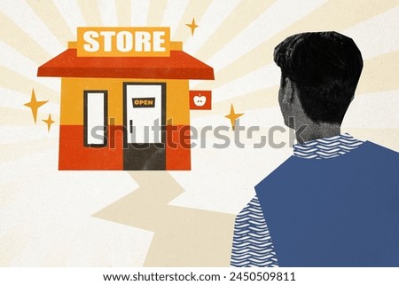 Composite photo collage of young guy client customer walk new grocery shop market open goods buyer discount isolated on painted background