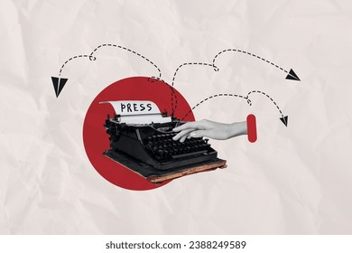 Composite photo retro concept collage advert of vintage mechanical keyboard author typewriter press media isolated on white background