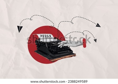 Composite photo retro concept collage advert of vintage mechanical keyboard author typewriter press media isolated on white background