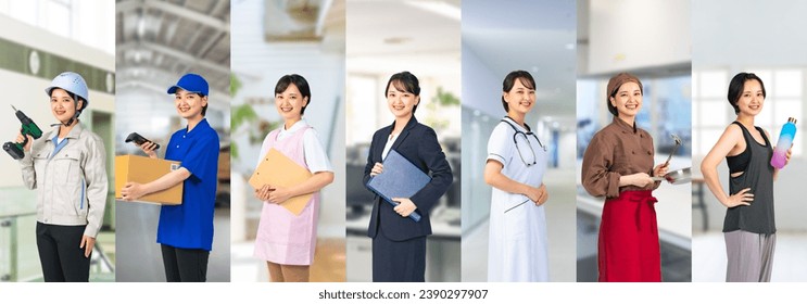Composite photo of the same young woman working in various workplaces.