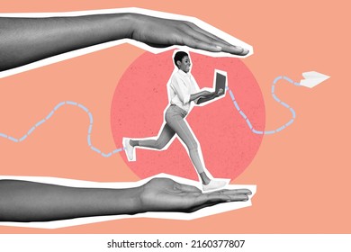 Composite picture of running person huge hands protect equality business gender isolated on drawing background