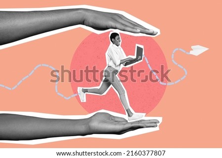 Composite picture of running person huge hands protect equality business gender isolated on drawing background