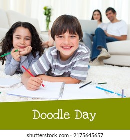 Composite Of Portrait Of Happy Caucasian Children Doodling In Books At Home And Doodle Day Text. Family, Childhood, Drawing, Art, Epilepsy, Support, Research, Healthcare, Fundraising And Awareness.