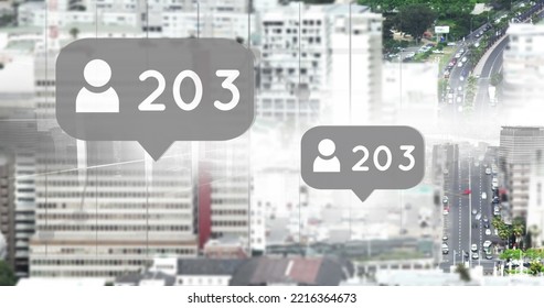 Composite of profile icons and 203 numbers in speech bubble over aerial view of cityscape. Counting, social media, notifications, telecommunication, skyscrapers and technology concept. - Powered by Shutterstock