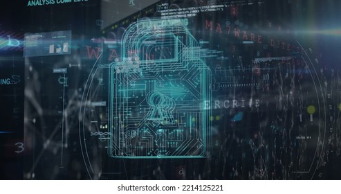 Composite of programming language and padlock over network server room. Circuit board, security, protection, data storage, password, encryption and technology concept - Shutterstock ID 2214125221