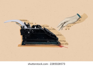Composite retro concept collage advertisement of nostalgia hand touch vintage mechanical keyboard author typewriter isolated on beige background