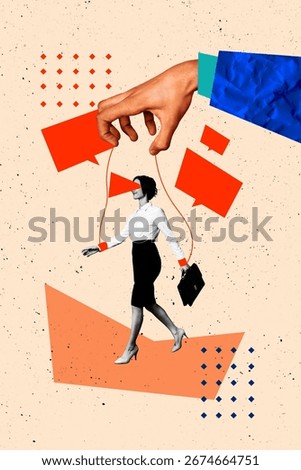 Composite sketch design artwork 3D photo collage of talk chat command master control puppet hand hold rope move young woman formawear walk