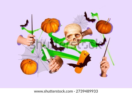 Composite sketch design artwork 3D photo collage of hand hold stick skull skeleton candle fire bat fall carnival dark mystical night.